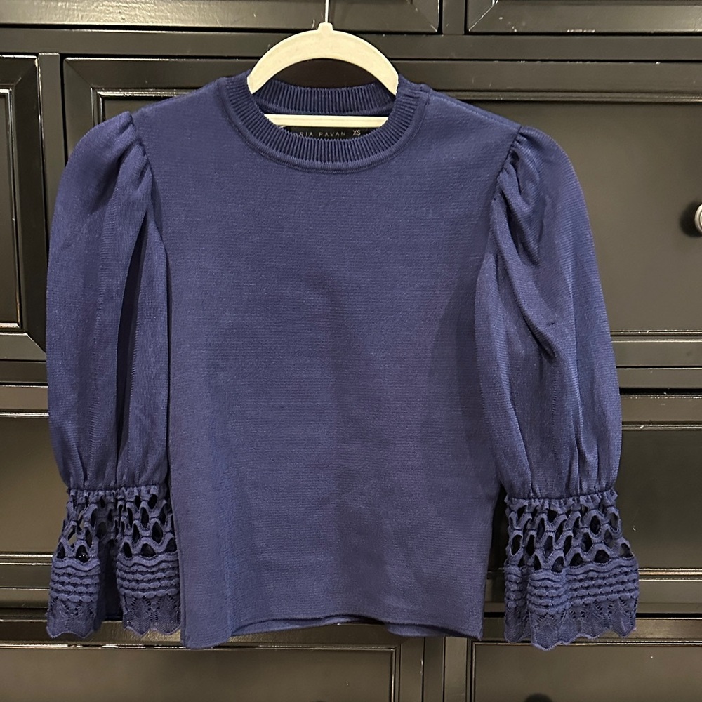 Navy Blue Top with Lace Sleeves